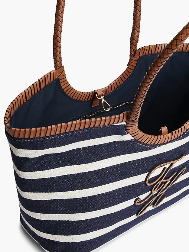 Stripe Textured Logo Tote Bag