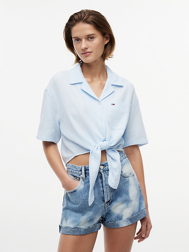Crinkle Tie Front Short Sleeve Shirt