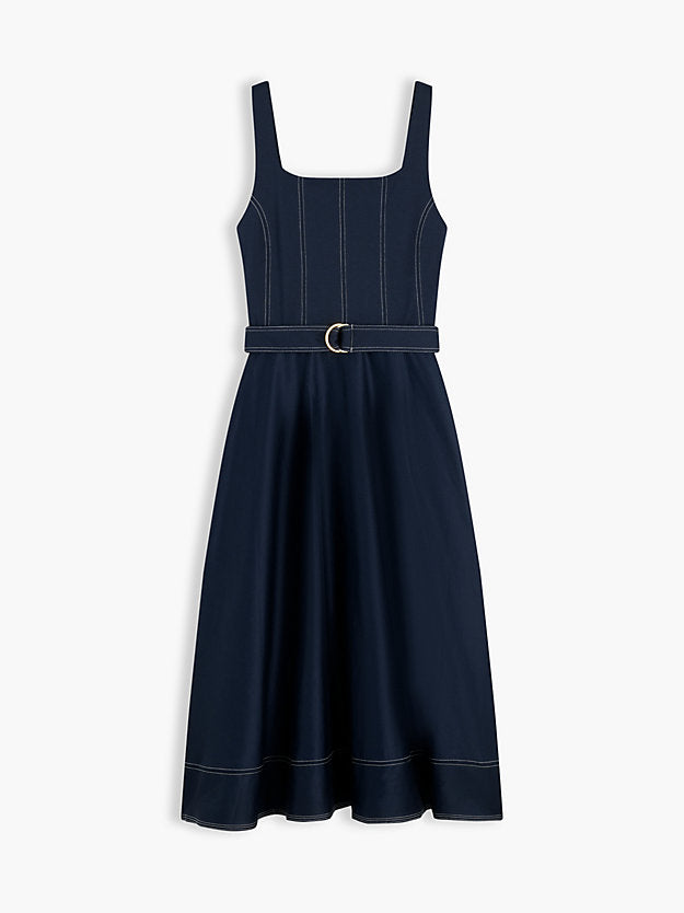 Topstitch Square Neck Belted Midi Dress