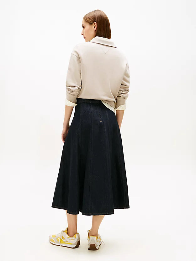 High Rise Denim Flare Midi Skirt