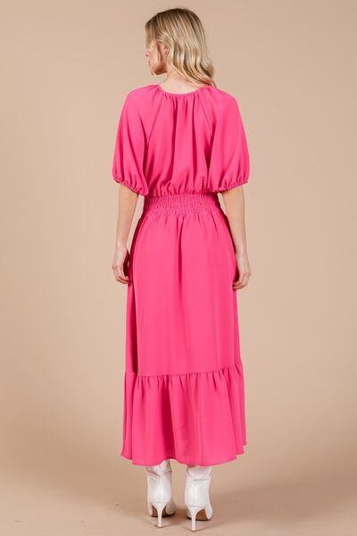 Robe Ces Femme à encolure nouée, manches bouffantes et taille élastiquée smockée