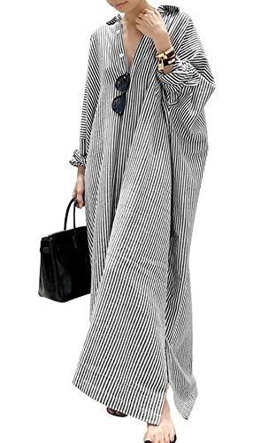 Robe chemise longue en coton rayée décontractée à manches longues boutonnée pour femme