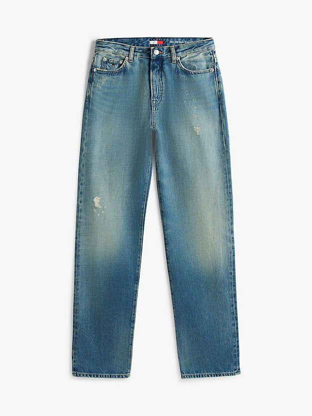 Distressed Mid Rise Slim Straight Leg Jeans
