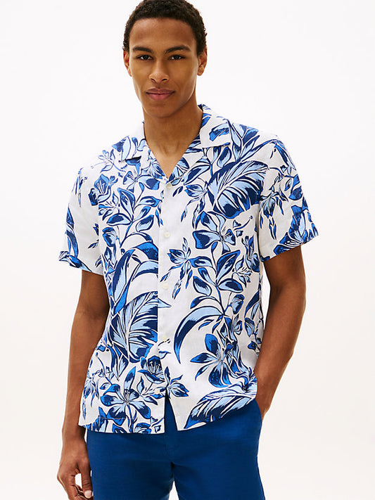 Regular Fit Floral Print Linen Short Sleeve Shirt