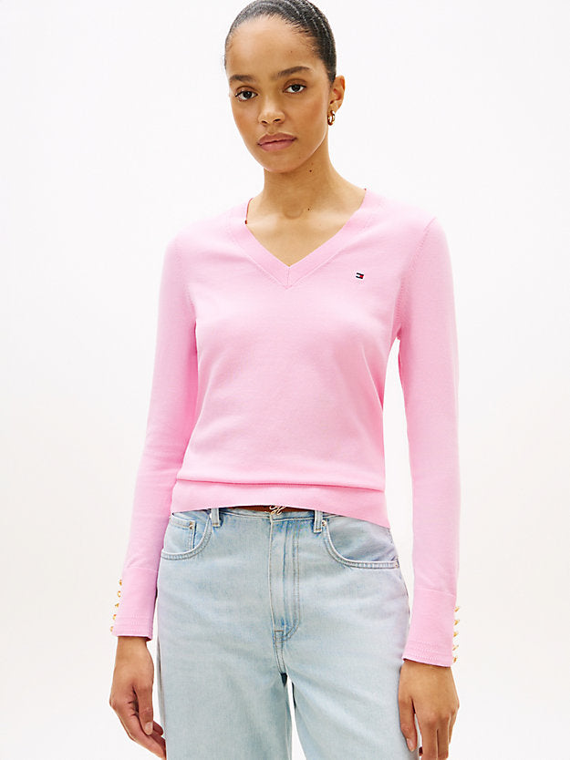 Gold-Tone Button Cuff V-Neck Jumper