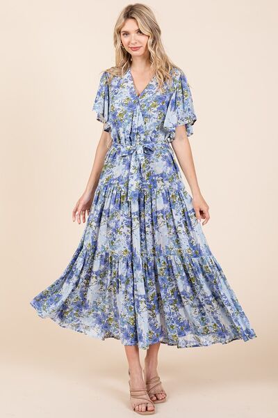 Robe étagée à manches courtes et taille nouée à motif floral Mittoshop