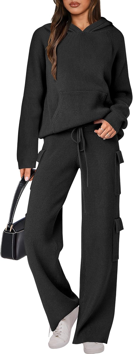 🎄Weihnachts-SALE 🔥 Zweiteilige Outfits für Damen Lässiger Kapuzenpullover Strick Gerades Bein Hosen-Set