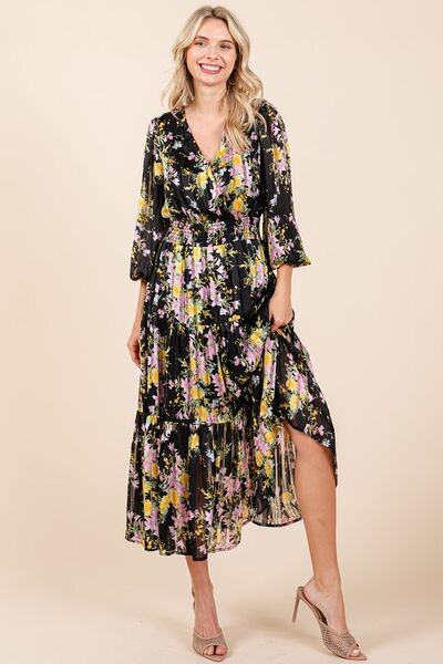 Robe midi smockée Mittoshop en satin à imprimé floral et rayures lurex