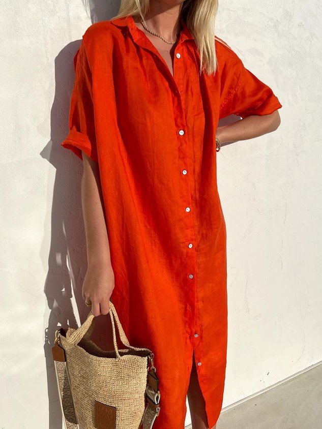 Robe Femme Ample Décontractée Élégante Manches Mi-longues Boutonnée en Coton Lin