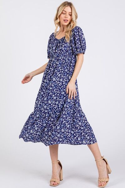 Robe midi fleurie à col carré et manches bouffantes pour femme