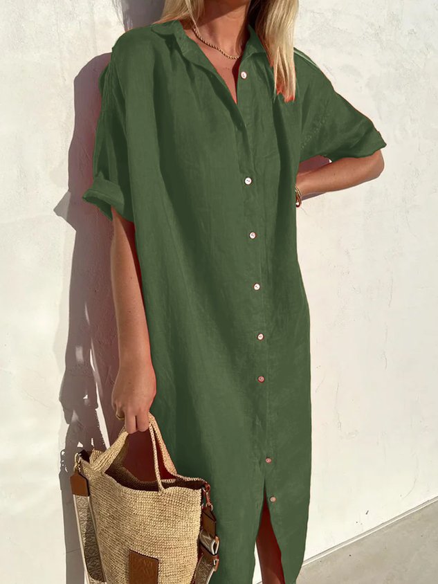 Robe Femme Ample Décontractée Élégante Manches Mi-longues Boutonnée en Coton Lin