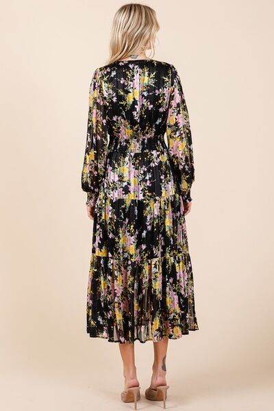 Robe midi smockée Mittoshop en satin à imprimé floral et rayures lurex