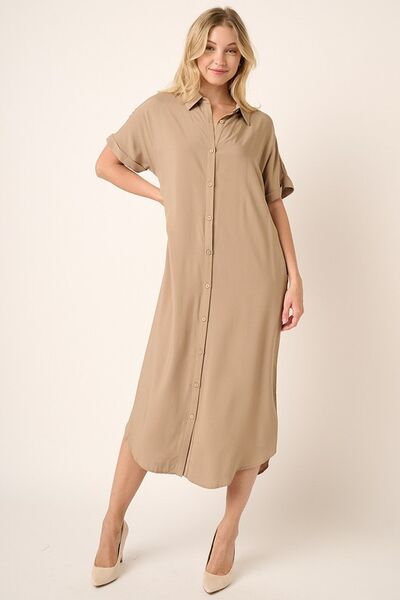 Robe chemise midi à manches courtes chauve-souris et col Mittoshop