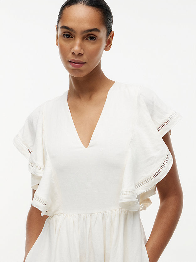 Linen Blend Frill Sleeve Midi Dress