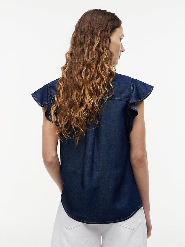Regular Ruffle Cap Sleeve Denim Shirt
