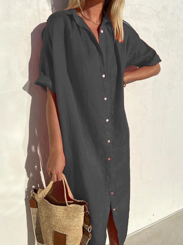 Robe Femme Ample Décontractée Élégante Manches Mi-longues Boutonnée en Coton Lin