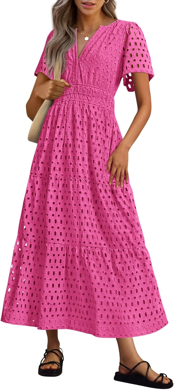 NEU 🔥Damen 2025 Sommer Maxikleid Kurzarm V-Ausschnitt Aushöhlung Ösen A-Linien-Kleider