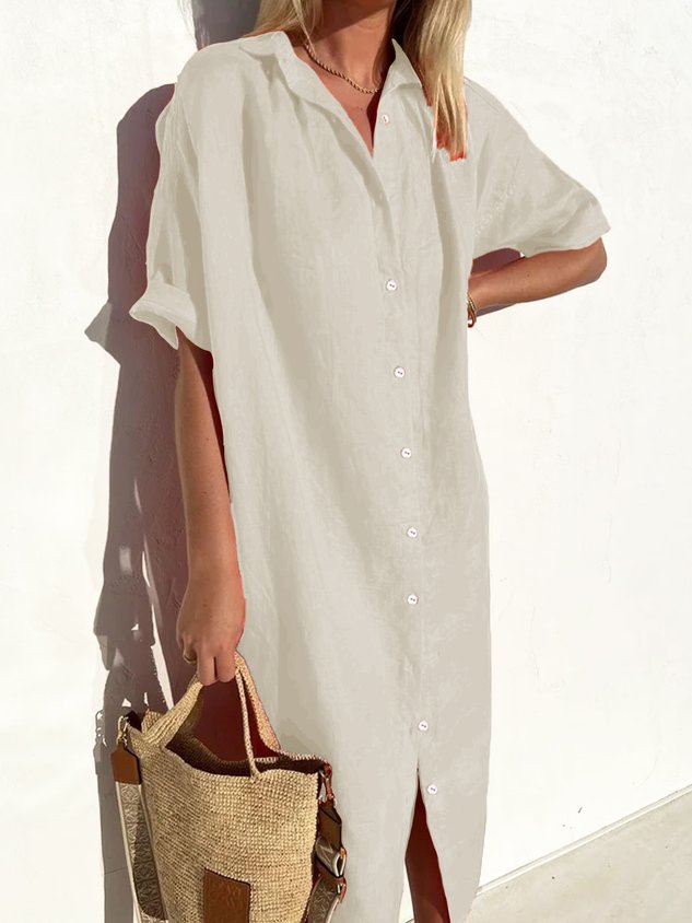 Robe Femme Ample Décontractée Élégante Manches Mi-longues Boutonnée en Coton Lin
